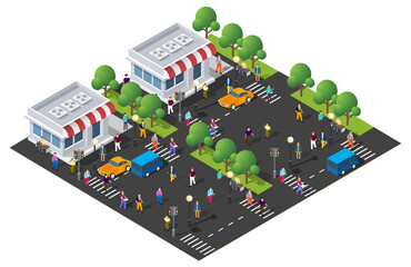 People walking and driving in isometric city center with stores and traffic lights