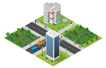 Modern city with skyscrapers, parks, roads and pedestrians walking isometric view