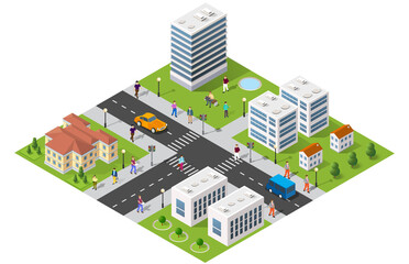 Citizens walking and driving in modern isometric city with skyscrapers