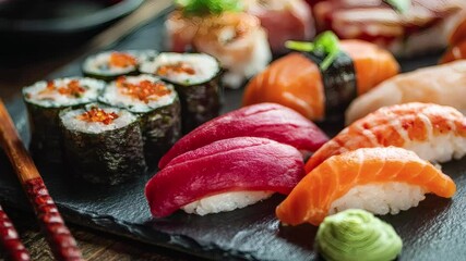 A visually appealing sushi platter with various types of rolls and nigiri, arranged artfully on a black slate board with chopsticks.