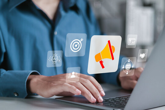 Online marketing campaign concept. Increase sale revenue, Advertising, social media, customer journey, pricing, and loyalty. Businessman use laptop with advertising icon on virtual screen.