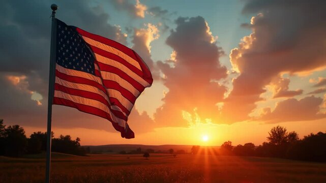 American flag silhouette against Fourth of July sunrise