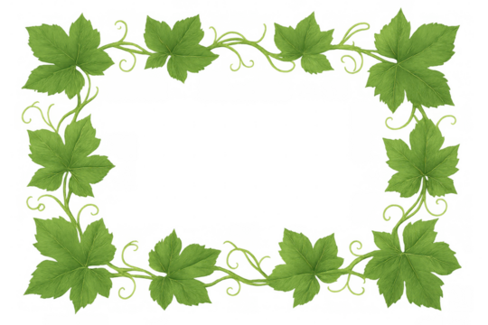 Rectangular frame made of grape vine with lush green leaves, perfect for adding a natural touch to designs, on a transparent background