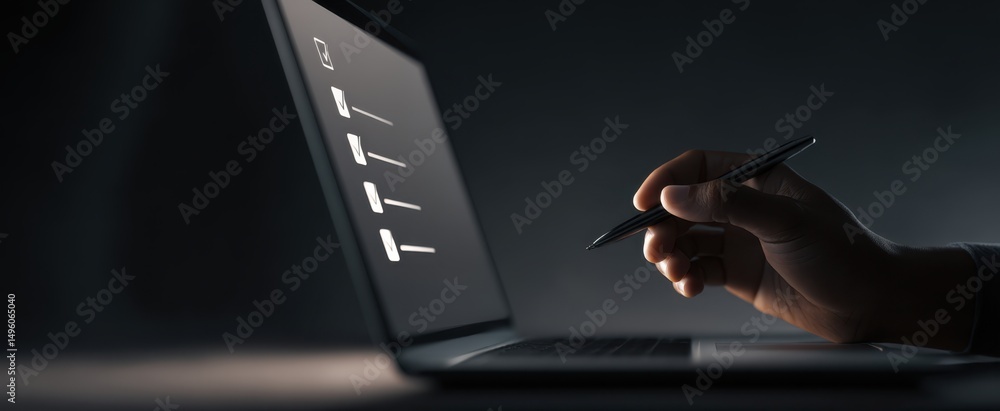 Poster the laptop screen displaying a modern interface with a hand using a pen.
