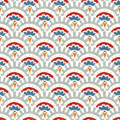 Seamless decorative art deco inspired floral pattern with fan-shaped flowers in red, blue, and gray. Vector illustration.