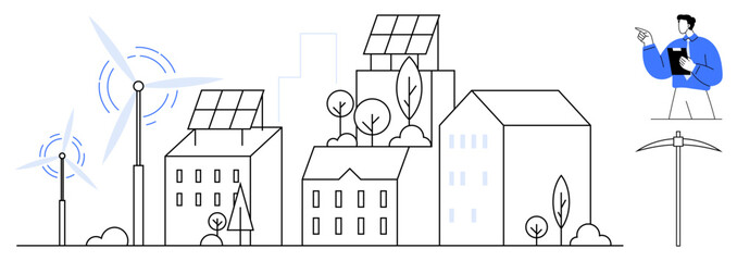 Solar panels, wind turbines, green buildings, small trees, and a figure holding a report highlight eco-friendly innovation. Ideal for sustainability, renewable energy, urban planning, environment