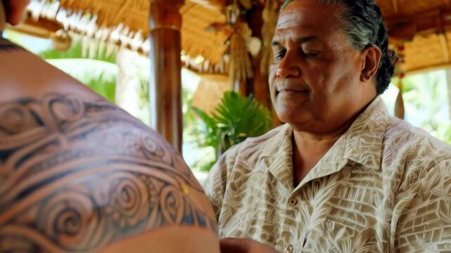 Close up of a Man's Upper Back and Shoulder with Intricate Tribal Polynesian Tattoo Art