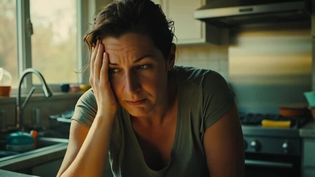 A woman with her eyes closed rests her head on her hand in a kitchen, conveying feelings of exhaustion, stress, and overwhelm. The scene is lit with natural light. Useful for depicting burnout