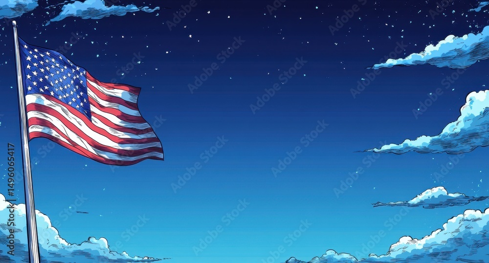 Poster a background of the american flag with an artistic touch, featuring blue and white colors in a flat 