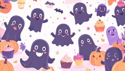Fototapeta premium A whimsical Halloween pattern featuring cute, dark-purple ghosts, jack-o'-lanterns, cupcakes, and autumn leaves on a white background