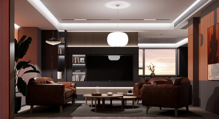Living room bathed in crisp, cool white lighting, emphasizing its modern and sophisticated design