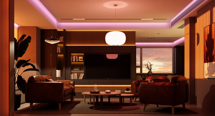 The living room in a warm "sunrise mode" of lighting