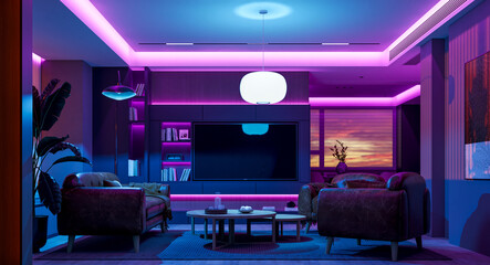 The living room is transformed by vibrant, colored lighting