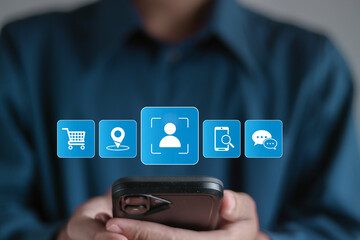 Buyer persona and target customer concept. Customer focus group, customer psychology profile or characteristics. Businessman use smartphone with targeting customer icons on virtual screen.