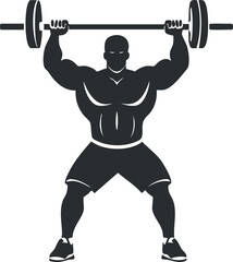 Fototapeta premium Silhouette of a muscular man lifting a barbell overhead demonstrating strength and fitness