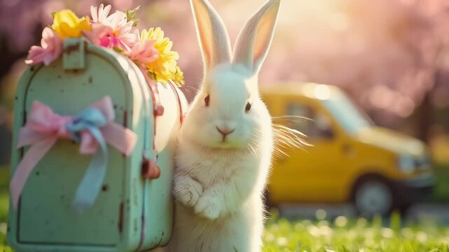  A charming image featuring a white Easter bunny standing next to a vintage mailbox decorated with flowers and a bow. A yellow car is blurred in the background, adding a touch of whimsy. 