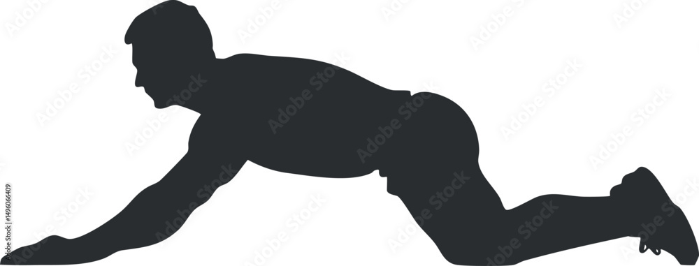 Poster silhouette of a man crawling on hands and knees in a side view pose isolated on white background