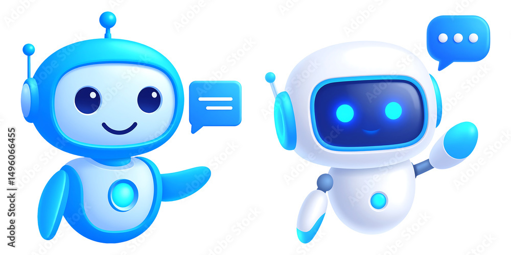 Poster happy robot. 3d ai character, chat bot mascot isolated on white background, gpt chatbot icon. artifi