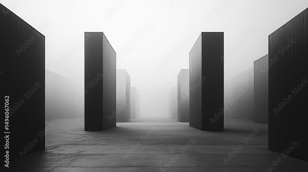 Poster abstract minimalist black and white architecture foggy pathway modern design contemporary building s