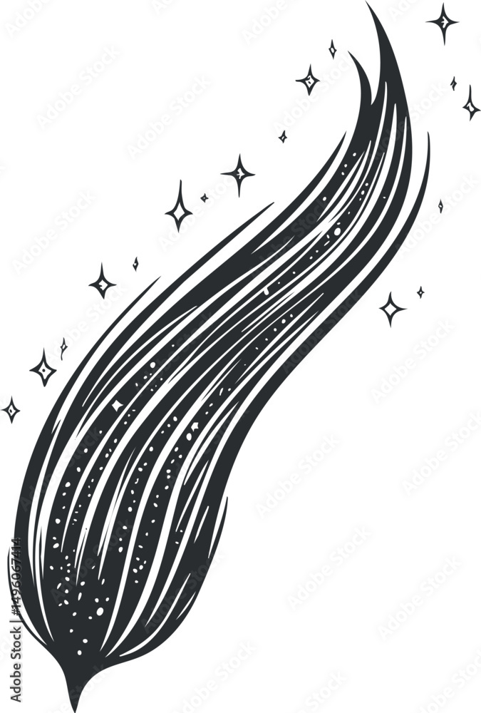 Poster black and white illustration of a comet tail with sparkling stars in a dynamic flowing design
