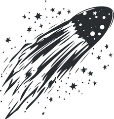 Black and white illustration of a comet flying through space with a bright starry trail behind it.