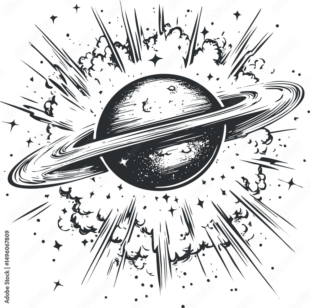 Poster black and white illustration of a planet with rings exploding in outer space surrounded by stars and