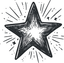 Vintage hand drawn black and white star illustration with shining burst and sparkle effects