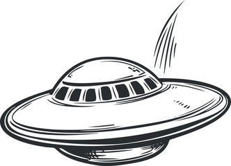 Black and white sketch illustration of a classic flying saucer UFO hovering in space