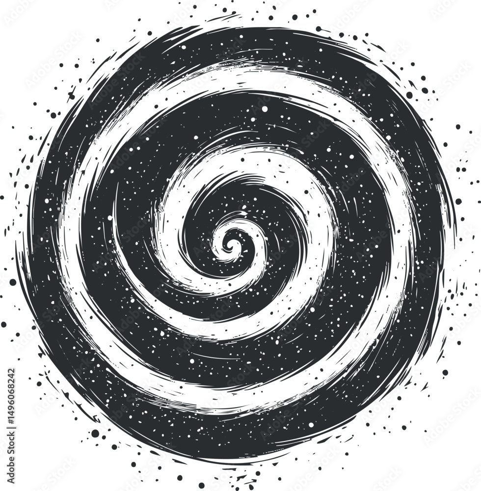 Poster abstract black and white spiral vortex with grunge texture and dynamic swirling motion pattern