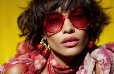Obraz premium Fashion model wearing red sunglasses and earrings posing on yellow background