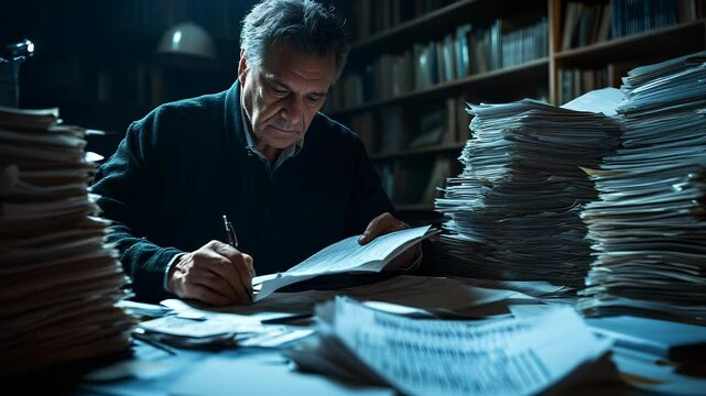Mature Man Immersed in Paperwork, Working Late in a Darkly Lit Office Setting