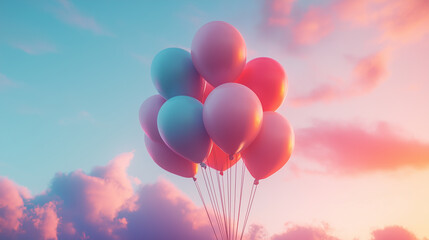 Fototapeta premium Cluster of pastel pink and blue balloons floating in sky during sunset