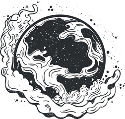 Obraz premium Black and white artistic illustration of a planet surrounded by swirling cosmic smoke and stars