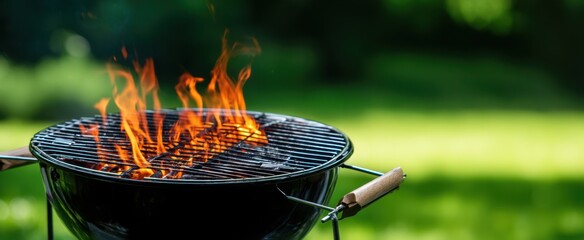 The charcoal grill with vibrant flames ready for summer cooking adventures