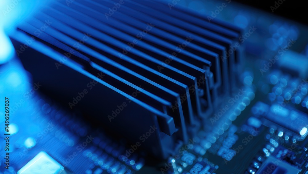 Poster A close-up view of a computer motherboard with multiple RAM chips stacked on top of each other.