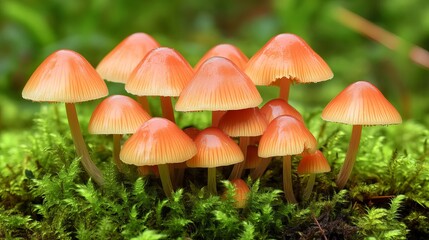 Fototapeta premium Vibrant Orange Mushrooms Cluster Growing on Lush Green Moss in Forest Nature Photography Detailed Closeup Image of Fungi red art wet cap life damp leaf stem gill group 