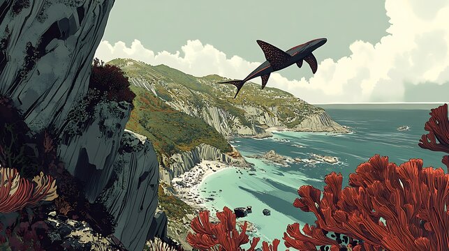 Flying Fish Coastal Cliff Scene.