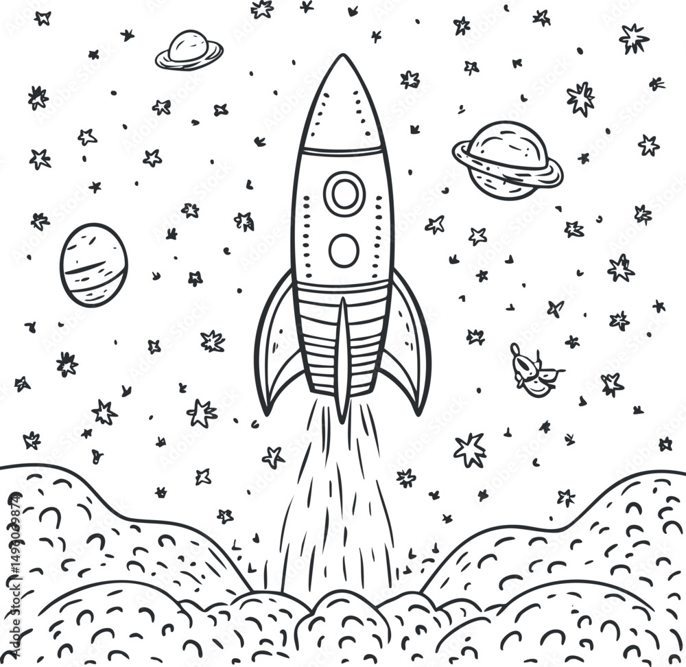 Poster black and white sketch of a rocket launching into space with stars and planets around it
