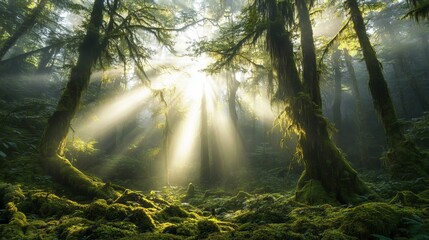 Obraz premium Magical Sunbeams Illuminating Lush Mossy Forest Trees Sunlight Beams Mystical Green Nature Scene Tranquil Peaceful Serene Atmosphere Woodland Scenery art eco rays dark 