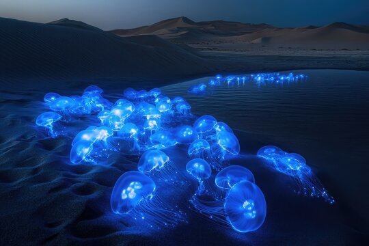 Bio-luminescent jellyfish illuminate a desert beach at night, a surreal and captivating scene.