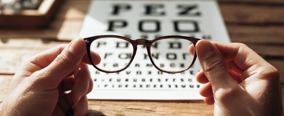 The hands holding glasses over an eye test chart on a wooden surface.