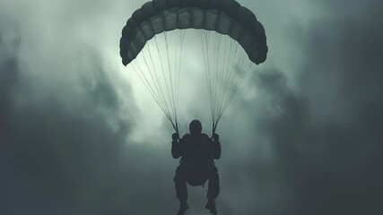 Silhouette of paratrooper descending from a moody sky with parachute open for landing