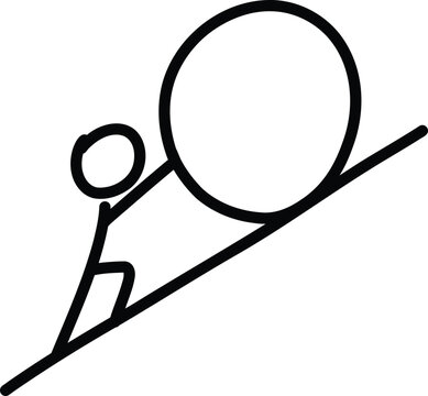 Minimalist Line Art of a Person Pushing a Giant Boulder Uphill - Symbol of Struggle and Persistence