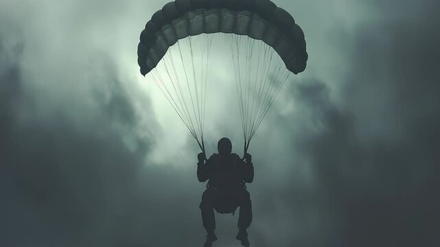Silhouette of paratrooper descending from a moody sky with parachute open for landing