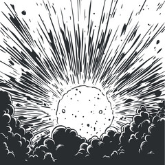 Black and white comic style explosion with dynamic blast and clouds illustrating power and destruction