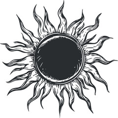 Black and white hand-drawn sun with stylized rays symbolizing solar energy and warmth