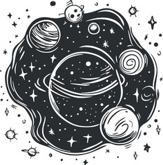 Black and white hand-drawn illustration of planets and stars in outer space with a cosmic theme