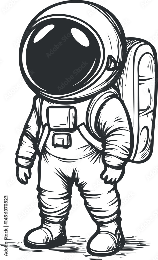 Poster black and white sketch of an astronaut in a spacesuit with helmet and backpack standing ready for sp