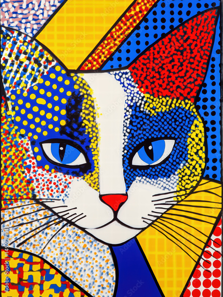 Poster Colorful Cat Portrait: A vibrant and eye-catching portrait of a cat, rendered in a dynamic style using bold colors and geometric patterns.
