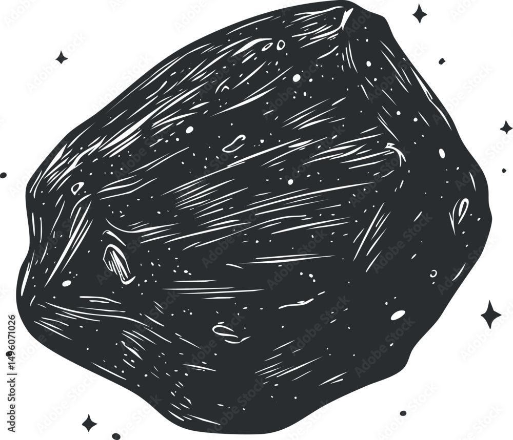 Poster black and white illustration of a textured asteroid floating in outer space with stars around it